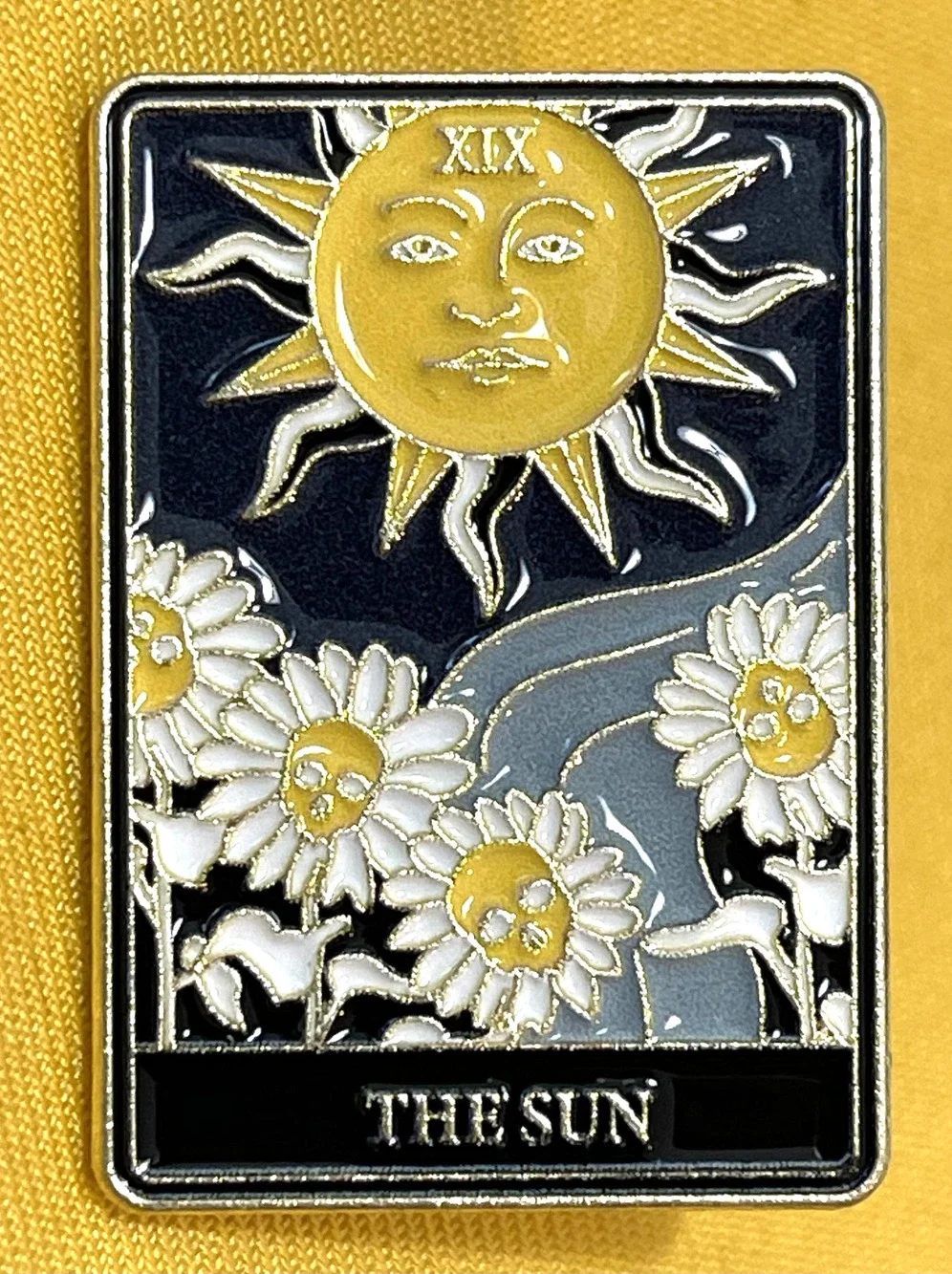 NWOT Black Gold Sun Brooch Lapel Pin Enamel Celestial Flowers Tarot The Sun
